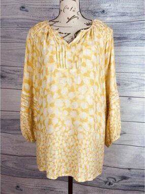 Democracy Tunic Top Womens M Pintuck Balloon Slv Eyelet Gold Off White Polka Dot